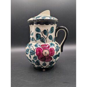 Antique Erphila Art Pottery Pitcher and Lid Czecho Slovakia Ice Lip Floral 7"